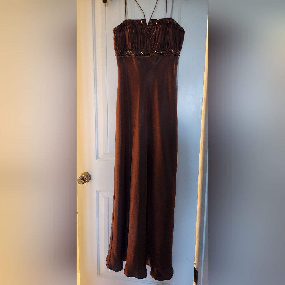 Formal or holiday gown. Bronze color. Ties around neck. Lovely beading. Sz 5/6.